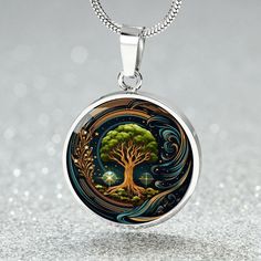 "Tree of Life Necklace is a celestial masterpiece with an intricately designed Tree of Knowledge, symbolizing the interconnectedness of the universe. This personalized charm pendant, reminiscent of the World Tree in astrology, embodies the beauty of galaxy jewelry, making it the perfect celestial gift for any occasion. ➜ Our Tree of Life Jewelry is made of high quality surgical steel with a graphic image that's printed directly onto the steel surface with a shatterproof liquid glass coating and Silver Jewelry With Sun And Moon Design For Meditation, Spiritual Sun And Moon Design Jewelry Gift, Spiritual Sun And Moon Jewelry As Gift, Symbolic Silver Tree Of Life Jewelry, Symbolic Silver Jewelry With Tree Of Life, Celestial Engraved Necklace As A Gift, Celestial Engraved Necklace As Gift, Celestial Engraved Jewelry As Gift, Celestial Engraved Necklace Gift