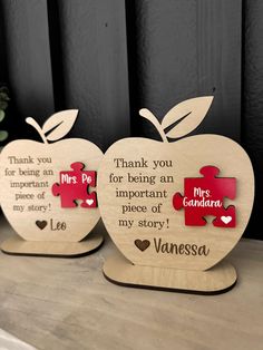 two wooden apple shaped pieces with the words thank you for being an important piece of my story