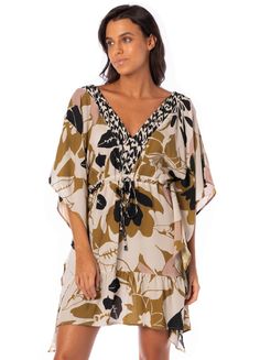 Maaji Vintage Garden Lilith Kaftan Beachy Flowy V-neck Kaftan, Flowy Beige Kaftan For The Beach, V-neck Kaftan For Resort Season, Chic Printed Beach Dress Cover-up, Chic Printed Beach Dress For Cover-up, Beige Beachwear Kaftan For The Beach, Beige Kaftan For Beach Cover-up, Beige Beachwear Kaftan For Vacation, Tropical V-neck Cover-up For Resort Season