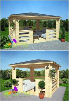 two pictures of a gazebo with couches and plants in the middle one is made out of wood