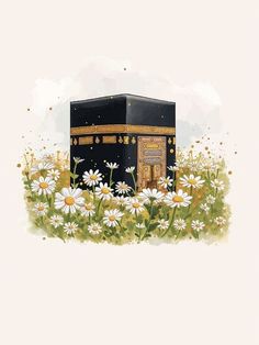 an illustration of a black box surrounded by daisies