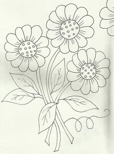 a drawing of some flowers with leaves on the bottom and one flower in the middle