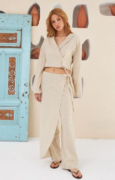 OTTAMAN LINEN SET| Women's Linen Wrap Set - Elegant Top & Trousers | Contemporary Fashion Fitted Linen Wrap Top, Chic Fitted Linen Wrap Top, Chic Linen Vacation Set, Spring Linen Wrap Bottoms, Wrap Trousers, Linen Wrap Top, Slow Fashion Brands, Kimono Sleeves, Linen Set