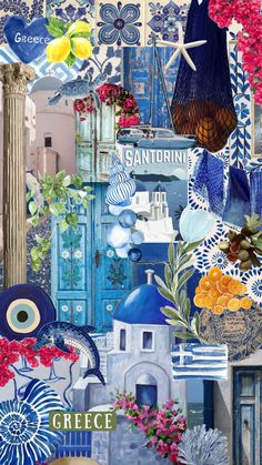 a collage of blue and white flowers, vases, and other items with the words sanorini on them