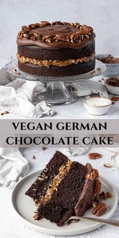 vegan german chocolate cake with pecans on top