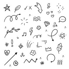 various hand drawn doodles and symbols on a white background, such as hearts, arrows, stars, shapes, lines