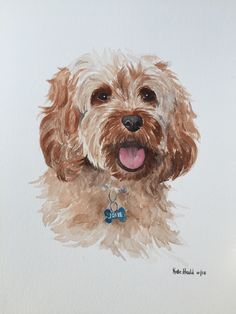 a watercolor painting of a dog's face with its tongue out and his name tag on it