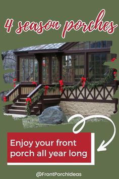 the front porch is decorated for christmas with red flowers and evergreen garlands on it