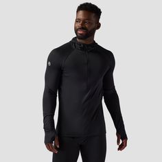 We designed the Backcountry Pines Microgrid Ultralight Scuba Baselayer Top specifically for high-output activities at higher elevations. A part-recycled polyester and spandex blend with a plush microgrid back and smooth face keeps our body temperature regulated, offers moisture-wicking protection, and stretches for optimal freedom of movement during our activity of choice. We also added a half-zip with a tall, Lycra-bound scuba hood to customize coverage depending on the temperature and amount Windproof Nylon Activewear For Running, Outdoor Techwear Activewear With Moisture-wicking, Black Midweight Technical Activewear, Black Technical Activewear, Fitted Half-zip Activewear For Outdoor Activities, Techwear Activewear For Outdoor Activities With Go-dry Technology, Go-dry Techwear Activewear For Outdoor Activities, Techwear Activewear For Outdoor Activities, Technical Windproof Nylon Activewear