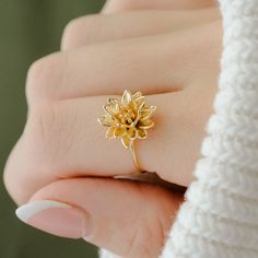 Title: Dainty Waterlily Ring Story: Dainty and delicate lotus flower ring. Material:  Solid 925 Silver, Vermeil (3 Micron 14k Gold Plating over Silver), and 14k Gold Plate over Brass Timeline:  Silver and 14k Gold Plate ship right away, Vermeil takes 2-3 weeks for me to make.  Deminsions: 1.3 mm band Special Options: Need alternative sizes or materials? Message me. I also offer this ring in solid gold.  Packaging: All items are nicely packaged and ready to gift in lovely jewelry boxes. The jewel Cheap Dainty Flower Ring For Gift, Luxury Dainty Yellow Gold Flower Ring, Luxury Dainty Flower Ring, Luxury Gold Delicate Flower Ring, Affordable Gold Elegant Flower Ring, Affordable Elegant Midi Rings With Simple Design, Cheap Elegant Gold Flower Ring, Cheap Adjustable Bohemian Flower Ring, Gold Ring Flower Design