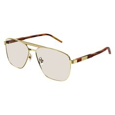 Step into the world of luxury with the Gucci GG1164S 003 Gold/Yellow aviator sunglasses. Crafted with precision and artistry, these designer sunglasses exude sophistication and style. The frame color of these Gucci sunglasses is a stunning gold, adding a touch of elegance to any outfit. The lens color in a vibrant yellow hue completes the look, bringing a pop of color to your ensemble. With a lens socket width of 58, these sunglasses offer a comfortable and secure fit for men who appreciate quality and design. The GG1164S model comes with a sleek metal frame that is not only durable but also lightweight, ensuring long-lasting wear without compromising on style. The temple length of 145 and bridge size of 13 provide a perfect fit for any face shape, making these sunglasses a versatile addit Designer Gucci Luxury Sunglasses, Modern Gucci Luxury Sunglasses, Luxury Gucci Designer Sunglasses, Modern Luxury Gucci Sunglasses, Luxury Gold Elegant Aviator Sunglasses, Luxury Modern Yellow Sunglasses, Luxury Gold Aviator Sunglasses, Luxury Gold Modern Aviator Sunglasses, Luxury Modern Gold Aviator Sunglasses