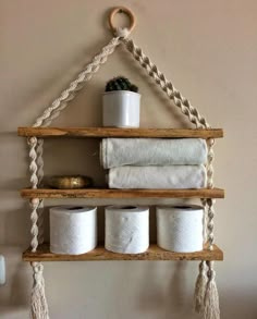 a shelf with rope hanging from it and some toilet paper rolls on the bottom, next to a potted plant