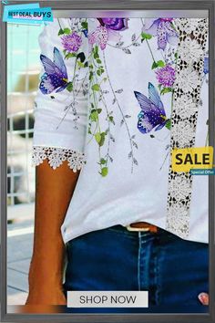 Butterfly Flower Lace Top T-shirt Spring Graphic Tee With Butterfly Print, Casual Long Sleeve T-shirt With Plant Print, White Long Sleeve Top With Butterfly Print, Spring White Tops With Graphic Print, Butterfly Print Short Sleeve Tops For Spring, Short Sleeve Tops With Butterfly Print For Spring, Spring Long Sleeve Tops With Plant Print, White Butterfly Print Shirt For Summer, Spring Long Sleeve Graphic Tee