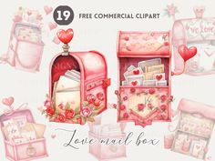 valentine's day clipart with mailbox, hearts and flowers in watercolor