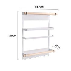 three tiered white shelving unit with wooden handles and two shelves on each side