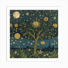 a painting of a tree with stars and moon in the night sky above it is a full moon