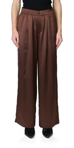 Silk Wide Leg Pants With Elastic Waistband For Work, Elegant Brown Relaxed Fit Pants, Brown Elegant Relaxed Fit Pants, Silk Straight Pants In Solid Color, Relaxed Fit Silk Trousers, Silk Wide-leg Pants With Elastic Waistband, Silk Ankle-length Pants With Elastic Waistband, Silk Bottoms With Elastic Waistband And Straight Leg, Silk Ankle-length Bottoms With Elastic Waistband