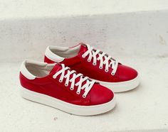 36 / 23.5 cm. (US 5 ) 37 / 24.5 cm.(US 6) 38 / 25.cm. (US 7) 39 / 25.5 cm.(US 8) 40 / 26.0 cm.(US 9) 41 / 27 cm (US 10) Red Sneakers With Leather Sole And Round Toe, Red Low-top Leather Sneakers, Red High-top Platform Sneakers With Vulcanized Sole, Red High-top Platform Sneakers With Rubber Sole, Red Low-top Platform Sneakers With Rubber Sole, Red Leather Sneakers With Laces, Red Custom Sneakers With Vulcanized Sole, Round Toe, Red Low-top Custom Sneakers With Vulcanized Sole, Loose Black Dress