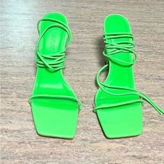 Size 9. No Box. Only Walked With At The Store And Never Worn After. 5 Inch Here Green Synthetic Sandals With Square Toe, Green Synthetic Square Toe Sandals, Green Square Toe Synthetic Sandals, Green Lace-up Beach Sandals, Lime Green Open Toe Heels For Summer, Green Sandals With 4-inch Heel For Summer, Neon Green Heels, Lime Green Open Toe Party Heels, Casual Green Open-heel Mules