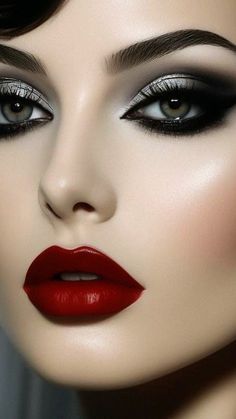 Dark Eye And Lip Makeup, Women Vampire Makeup Ideas, Romantic Make Up Look, Rockabilly Eye Makeup, Seductive Makeup Look Smokey Eye, Vampire Red Lipstick, Makeup Looks 2024, Smokey Eye Red Lip Makeup, Burlesque Makeup Ideas