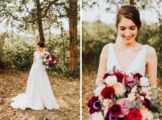 a woman in a wedding dress holding a bouquet and looking at the camera while standing next to trees