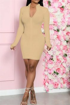 Solid Color Long Sleeve Zipper Dress Work Outfit Office, Fabulous Style, Vogue Dress, Casual White Dress, Zipper Dress, Perfect Prom Dress, Women Office, Women Long Sleeve Dress, Half Skirt