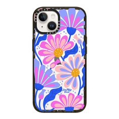 an iphone case with flowers and leaves in blue, pink, and purple colors on it