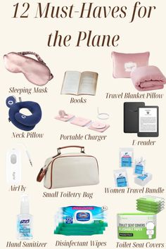 the contents of a travel bag are shown in this info sheet, with text that reads 12 must haves for the plane