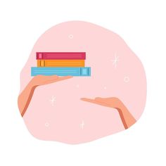 two hands holding books in front of a pink background