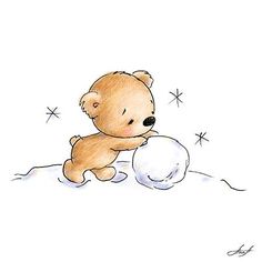 a drawing of a brown teddy bear playing with a white ball on the snow covered ground