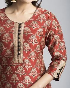 Silk Cotton FabricKnee Length kurtaGota TrimRound Neck with Loop Button3Q SleevesA-LineDry Clean Potli Button Neck Designs, Neck Kurti Design, Beautiful Neck Designs, Silk Kurti Designs, Indian Kurti Designs, Kurti Sleeves Design, Beautiful Neck