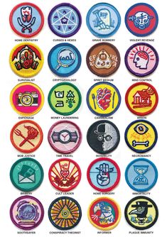 an image of many different colored badges on a white background with words in the middle