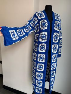 The style is customizable  This Long cardigan is for you . If you like it choose your size :) Blue Long Sleeve Sweater One Size, Blue Knitted Outerwear One Size, White Long Sleeve Cardigan With Granny Squares, Blue Cotton Crochet Sweater, Blue Long Sleeve Knitted Cardigan, Blue Long Sleeve Outerwear One Size, Blue Granny Square Cardigan For Fall, Handmade Cozy Blue Cardigan, Casual Blue Crochet Patterns