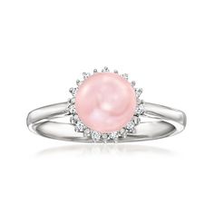 Ross-Simons - 7-7.5mm Pink Cultured Pearl Ring, Diamond Accents in Silver. Size 6. An elegant look priced to please, this pretty 7-7.5mm pink cultured freshwater button pearl ring features a sparkling halo of diamond accents. Crafted in polished sterling silver. 3/8" wide. Pink pearl ring. Pearl birthstones are the perfect gift for June birthdays. Elegant Pink Pearl Round Ring, Pink Pearl Ring For Wedding, Classic Pink Cabochon Rings, Elegant Pink Cabochon Rings, Classic Pink Cabochon Jewelry, Pink Pearl Ring, Cultured Pearl Ring, Pearl Jewelry Set, Silver Pearl Ring