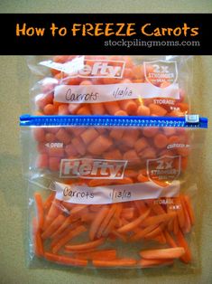 carrots wrapped in cellophane and labeled with labels for how to freeze carrots