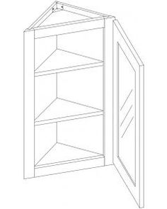 a drawing of a corner cabinet with the door open and shelves on each side,