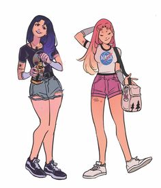 two girls standing next to each other with one holding a backpack and the other carrying a bag