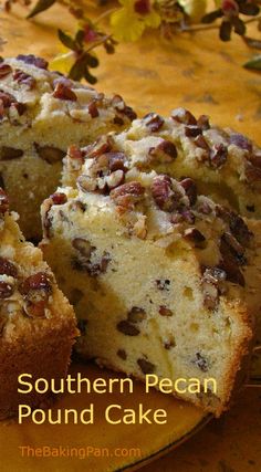 there is a cake with pecans on it and the words southern pecan pound cake