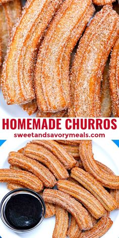 homemade churros on a plate with dipping sauce and cinnamon sugar dusted over them