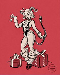 a drawing of a girl with horns and bow on her head standing next to presents