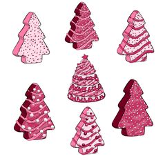 six christmas trees in pink and white with polka dots on the top one is red