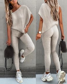 Eromis - Chic Chain Accent Top and High-Waisted Pants Ensemble Cute Comfy Outfits, Casual Lace, One Shoulder Tops, Knit Pants, Womens Casual Outfits, Outfit Casual, Drawstring Pants