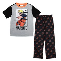 Bring your kids' favorite anime characters to bedtime with this comfy pajama set. The set includes a gray and black t-shirt with an image of Naruto and a black pair of sleep pants decorated with an orange leaf symbol representing Hidden Leaf village. Kids will love to celebrate Naruto with these comfy pajamas. Boys Pajama Pants, Village Kids, Hidden Leaf Village, Naruto Merchandise, Comfy Pajama, Naruto T Shirt, Leaf Village, Comfy Pajamas, Naruto Boys