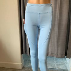 High Waisted, Super Comfortable Leggings With A Pocket On Each Side, Big Enough For Phone. Great For Gym Wear, Active, Lounging, Yoga, You Name It. 90% Polyester 10% Spandex Xsmall 25 X 30 X 22 X 32 Small 28 X 34 X 22 X 32 Medium 30 X 36 X 23 X33 Large 32 X 38 X 24 X34 High Rise Solid Leggings With Pockets, Blue Stretch Bottoms With Side Pockets, Blue Yoga Activewear With Side Pockets, Blue Activewear With Side Pockets For Yoga, Blue Activewear With Side Pockets For Workout, Blue Yoga Pants With Pockets, Blue Workout Activewear With Side Pockets, Blue Stretch Yoga Pants With Pockets, High Waist Light Blue Sports Bottoms