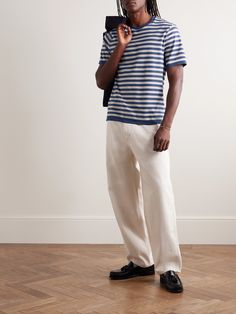 DESIGNED BY MR PORTER. You can't go wrong with Mr P.'s T-shirt. Made from soft cotton-piqué, it's subtly textured and features a nautical striped pattern. Wear it with any casual outfit. Mr P, T Shirt For Men, Mr Porter, Wear It, Casual Outfit, Nautical, Top Brands, Porter, Casual Outfits