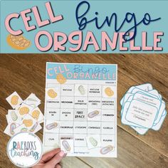 a person holding up a cell phone with the text cell bingo organelle on it