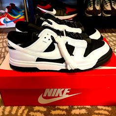 Fresh From The Nike App, Brand New And Original. With Complete Box And Extra Laces. Designer White Nike Custom Sneakers, Panda Shoes Nike, Designer Nike Black Sneakers, Nike Pandas Hightop, Nike Custom Black Dynamic Sneakers, Nike Dunk Low Reverse Panda, Nike Dunk Reverse Brazil, Nike App, White Nikes