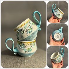 four different views of a hand holding a teapot with handles and two mugs