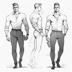 three men are standing in different poses, one is wearing a shirt and the other has pants