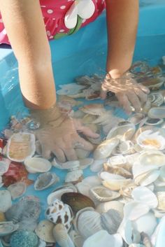 a child's hands in a blue tub filled with seashells